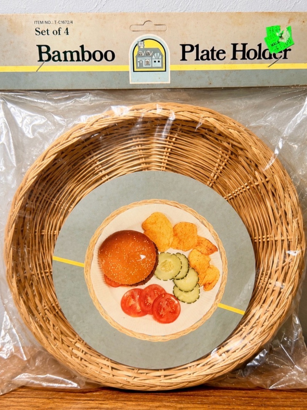 Vintage Unopened Bamboo Plate Holder Set of 4 - Natural Woven Basket